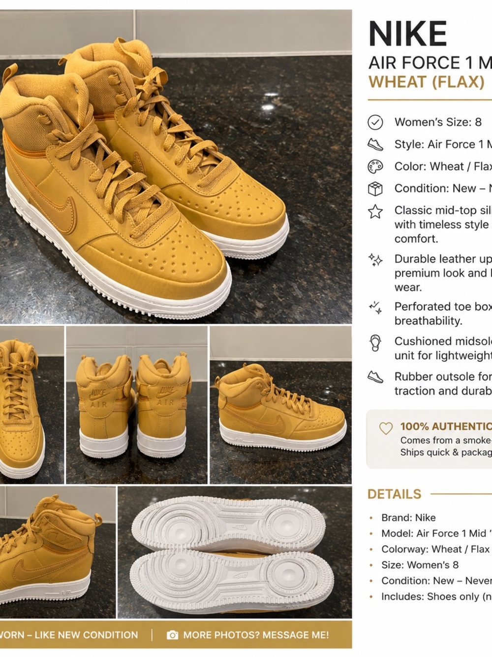 Nike Air Force 1 Mid ’07 Wheat/Flax – Women’s Size 8 🍂👟